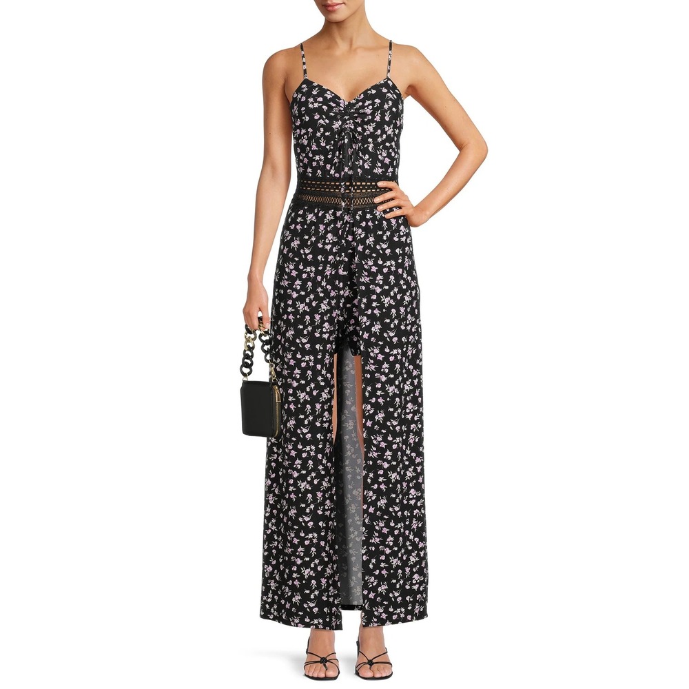 No Boundaries Floral Walk-Through Maxi Dress Romper Black Pink XXXL 21 NWT